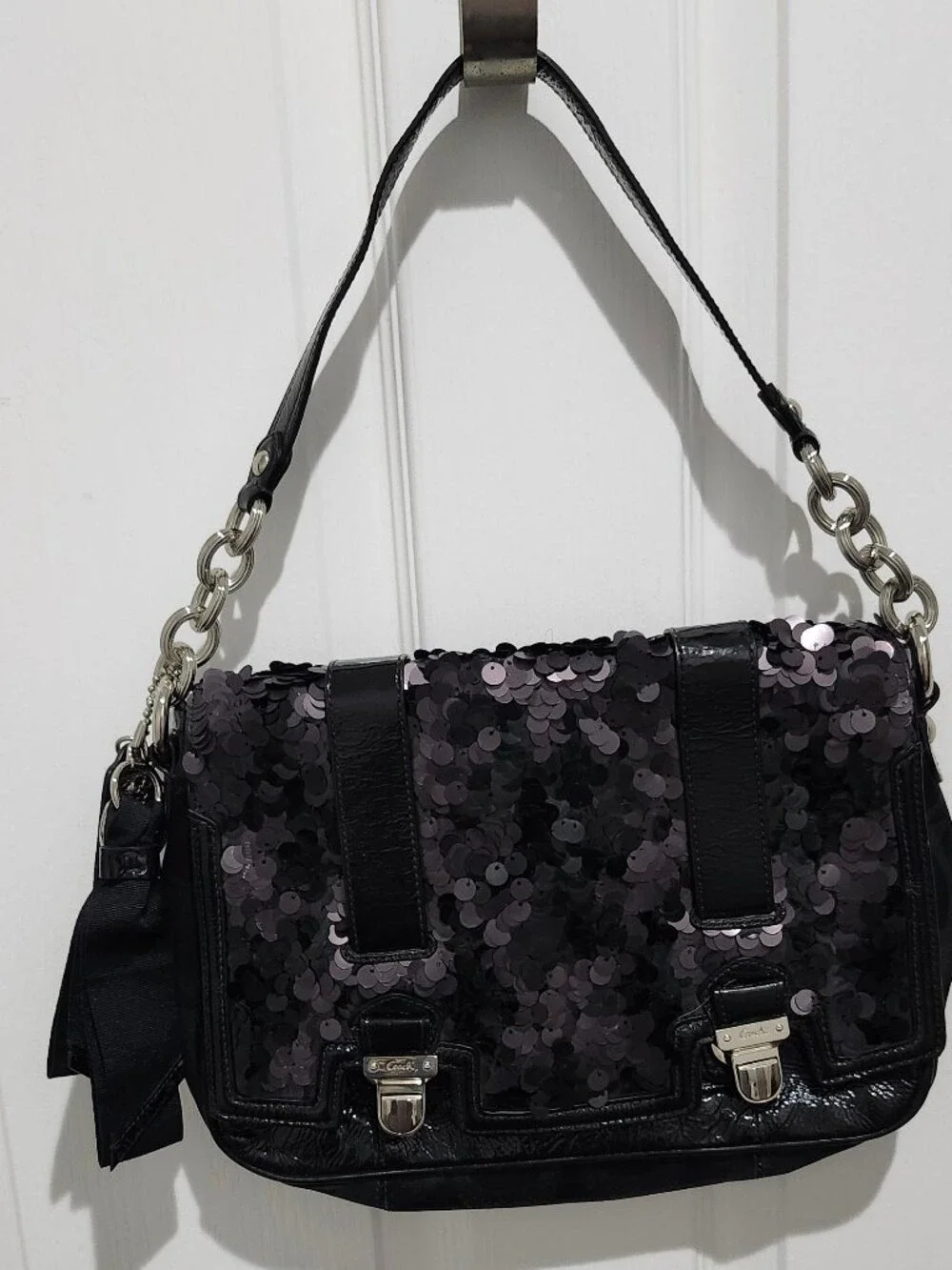 VTG Coach Poppy Pop Sequin Pushlock Flap Crossbody Bag Black 17899 Rare